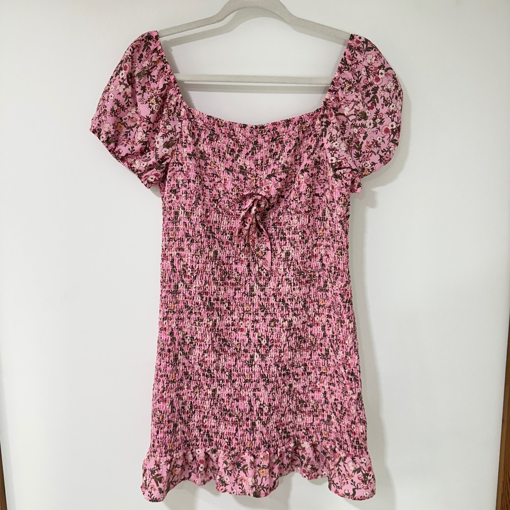 Madden NYC Smocked Mini Dress Womens Large Pink Floral Wedding Guest Cottagecore